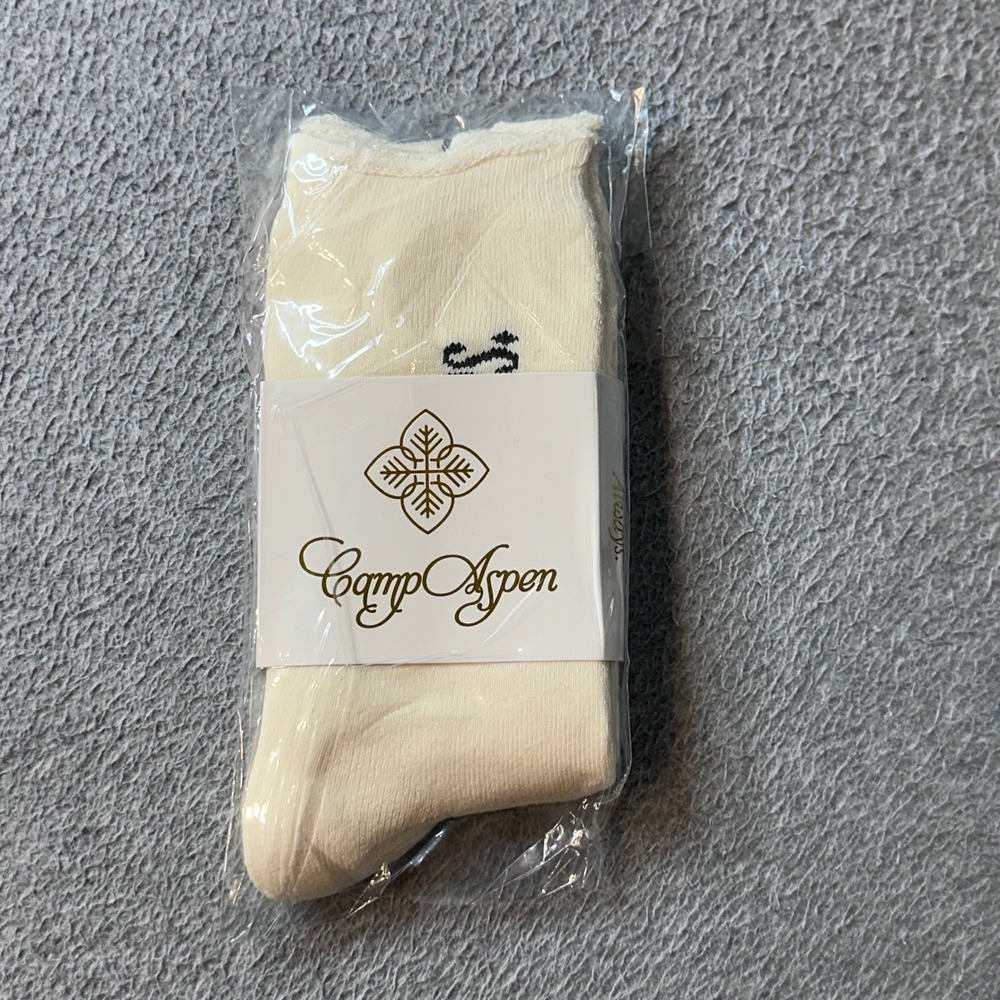 Camp Aspen Socks Unisex OS Ivory Crew Cotton Blend Ribbed Logo New